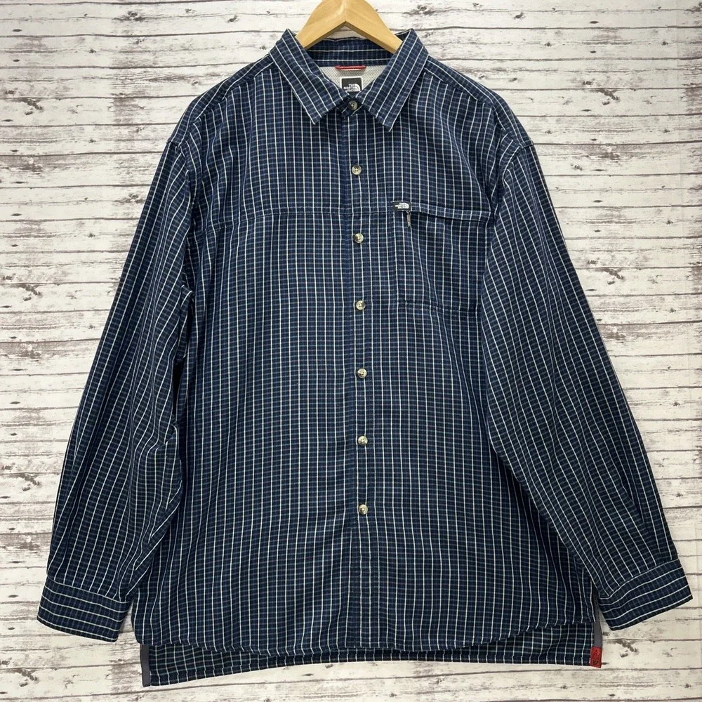 The North Face Long Sleeve Plaid Flannel Shirt Blue Men's L Pocket Outdoors